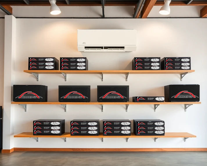 Shelves with boxes on a white wall in a store setting