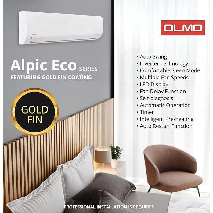 Air conditioner with Olmo branding in a bedroom setting, featuring Gold Fin coating.