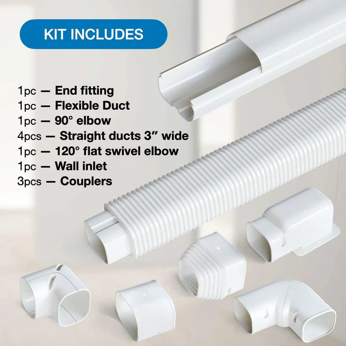 Ventilation kit with components including an end fitting, flexible duct, elbow, straight ducts, and wall inlet on a light background.