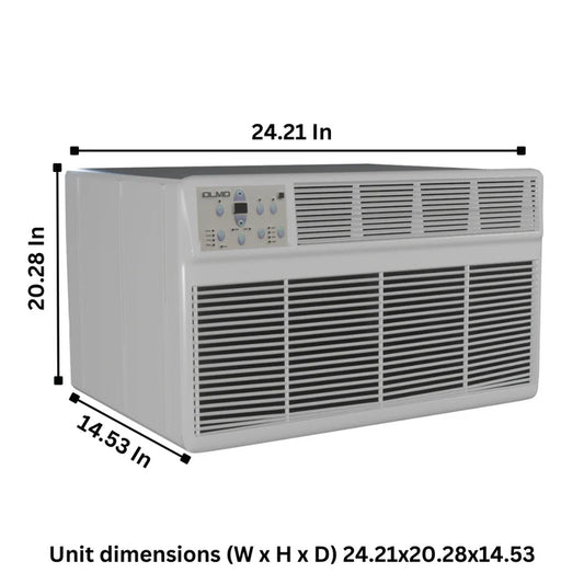 Air conditioner with dimensions labeled on a white background
