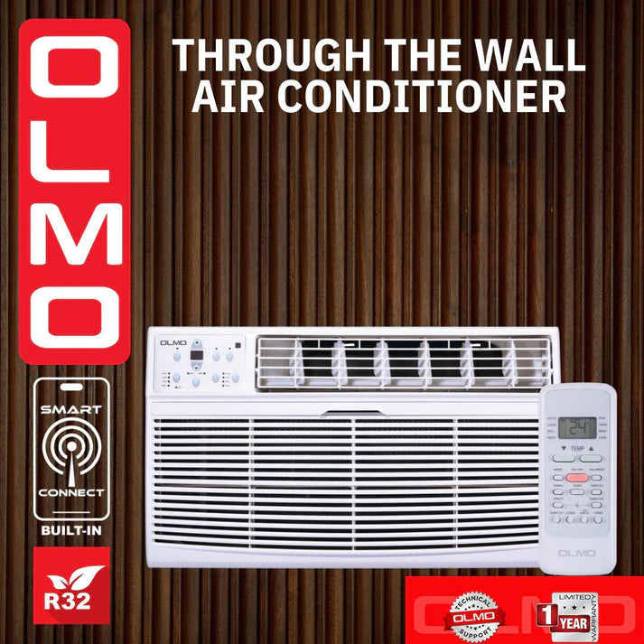 OLMO through-the-wall air conditioner with remote control on a wooden background