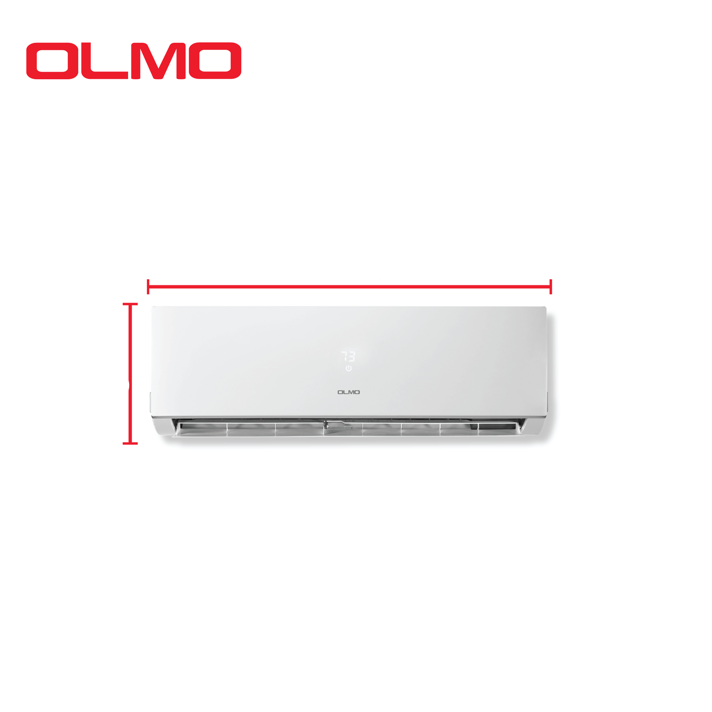 White air conditioner with dimensions on a white background, featuring the brand 'OLMO'.