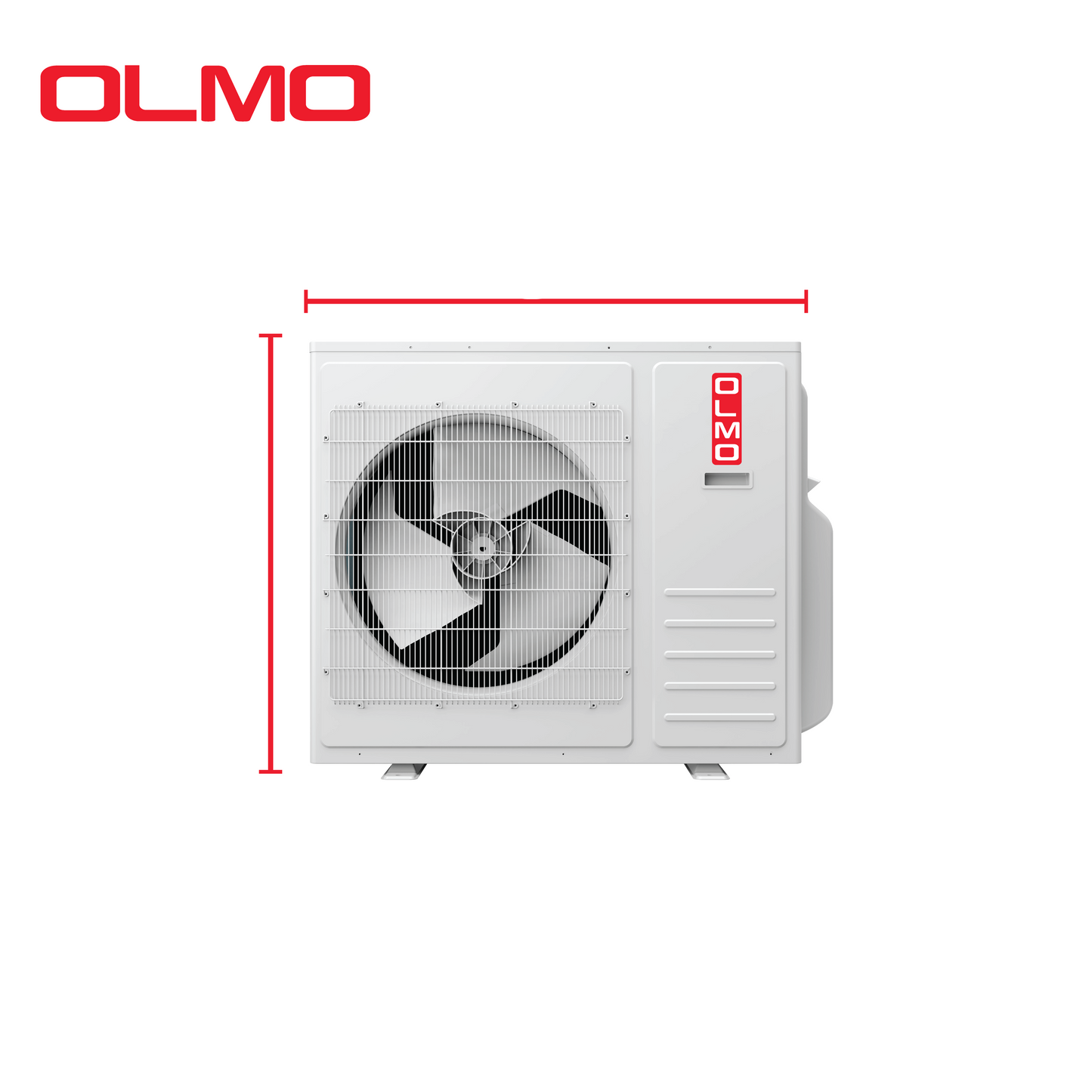 White air conditioning unit with dimensions labeled, featuring the brand 'OLMO'.