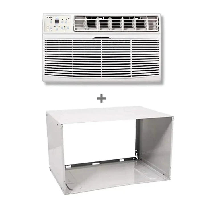 Window air conditioner with a white frame on a white background