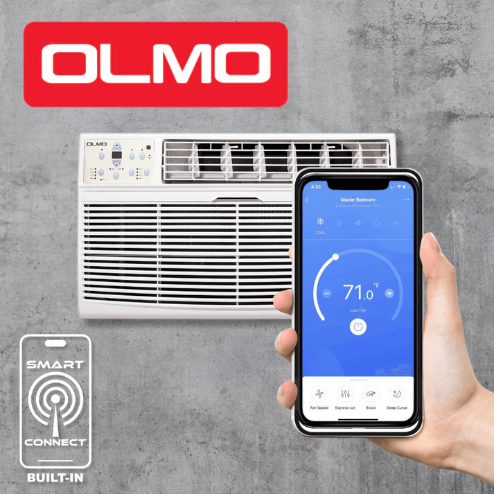 OLMO air conditioner with smartphone app on a gray background