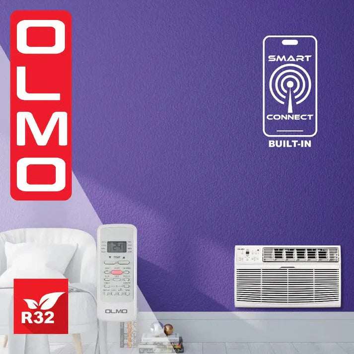 OLMO air conditioner with remote control on a purple wall background
