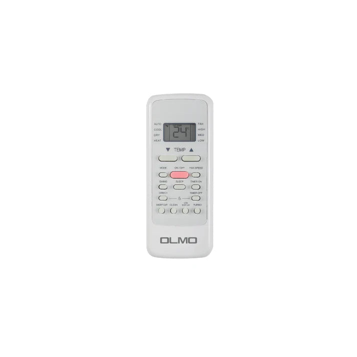 White air conditioner remote control with digital display on a white background