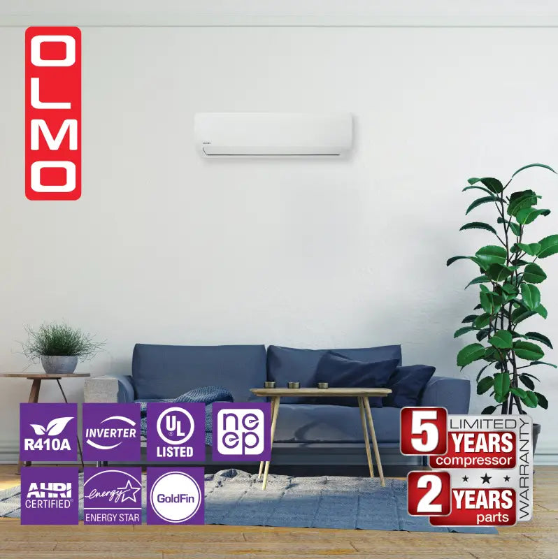 Living room with air conditioner, blue sofa, and various certification logos displayed.