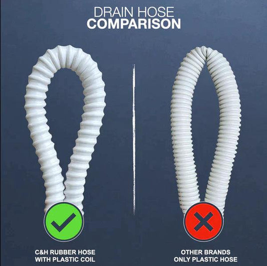 Comparison of G&H rubber hose with plastic coil and other brands' plastic hose on a dark background.