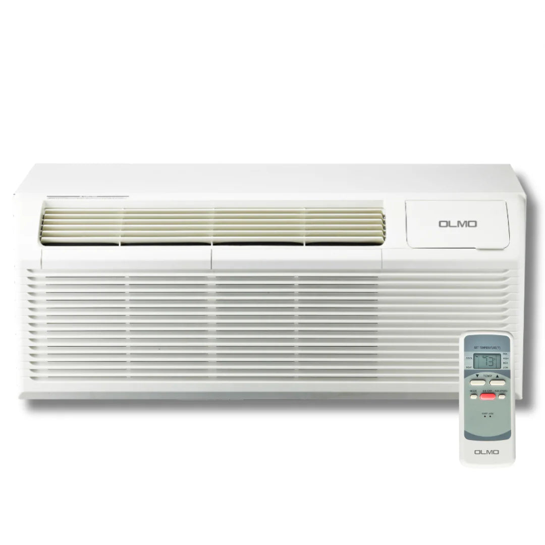 White air conditioner with remote control on a white background