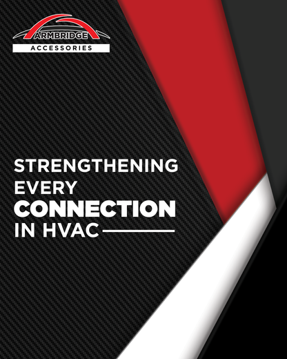Armbridge Accessories advertisement with text 'Strengthening every connection in HVAC' on a black, red, and white background.