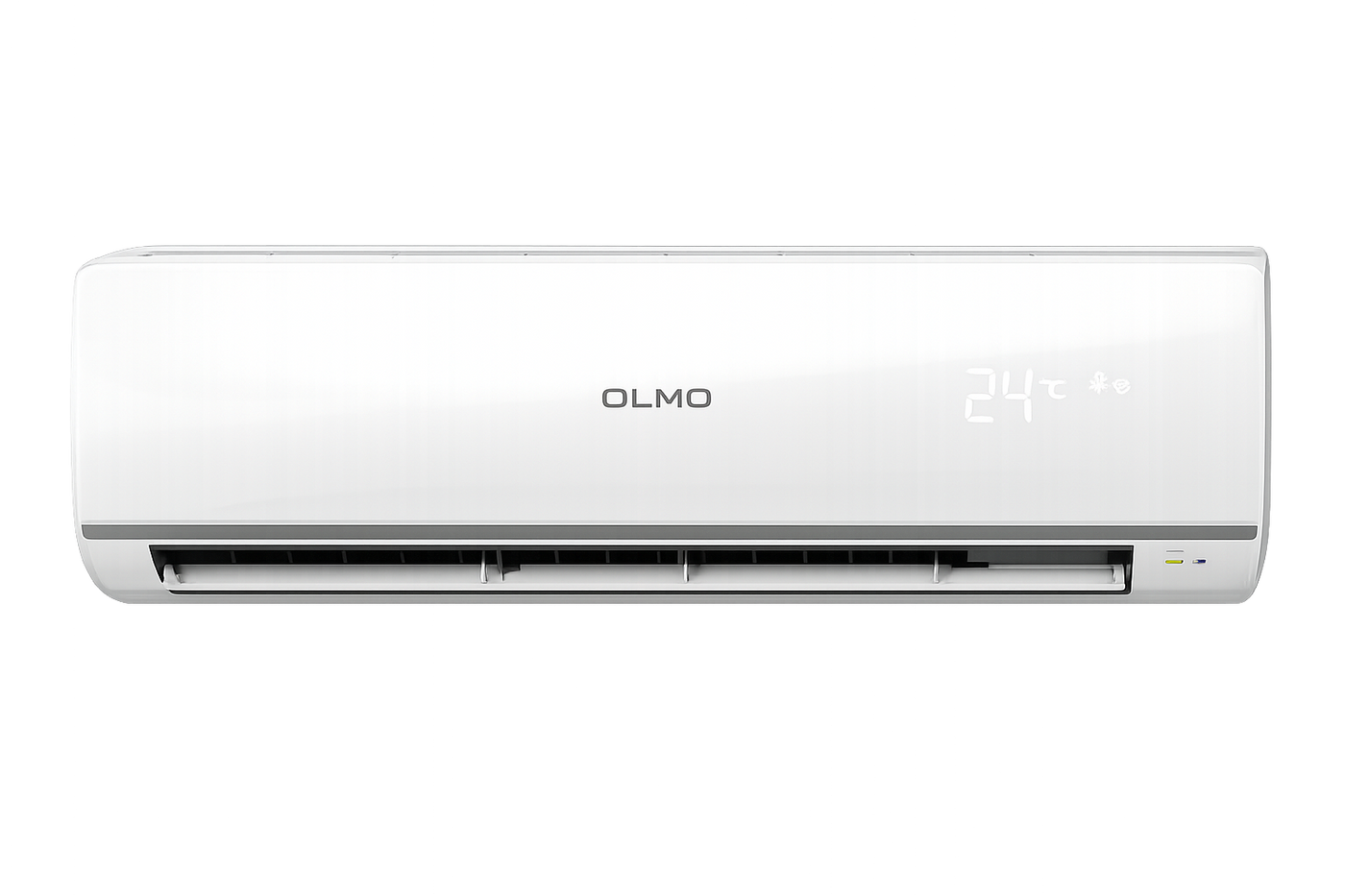 OLMO HVAC system with indoor unit, condenser, and remote