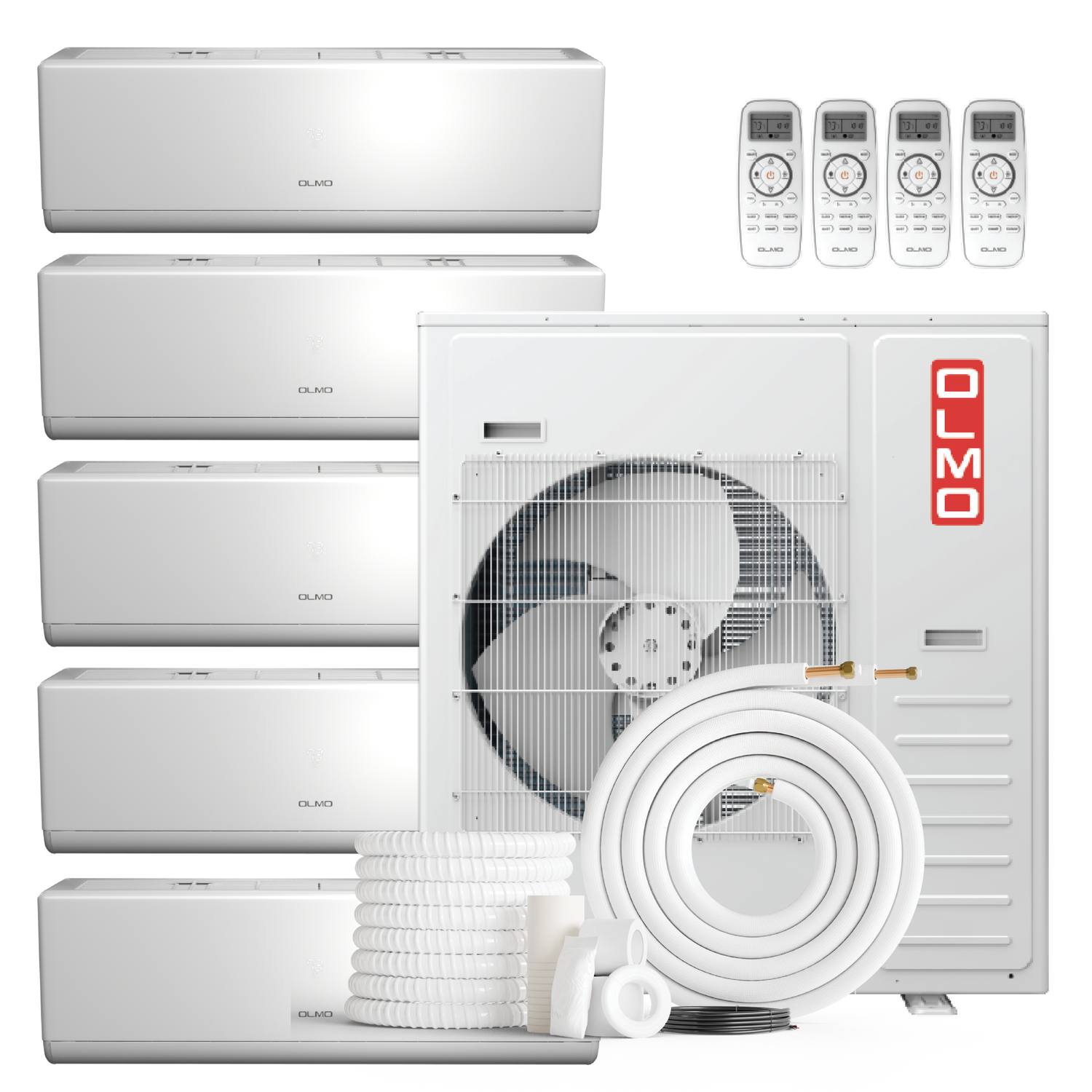Air conditioning unit with multiple remote controls on a white background