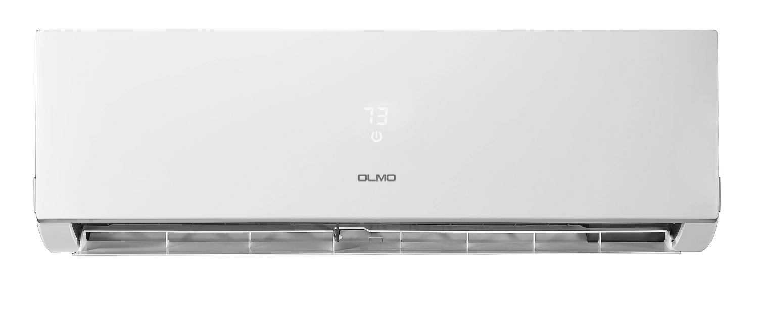 White air conditioner with 'OLMO' branding on a white background