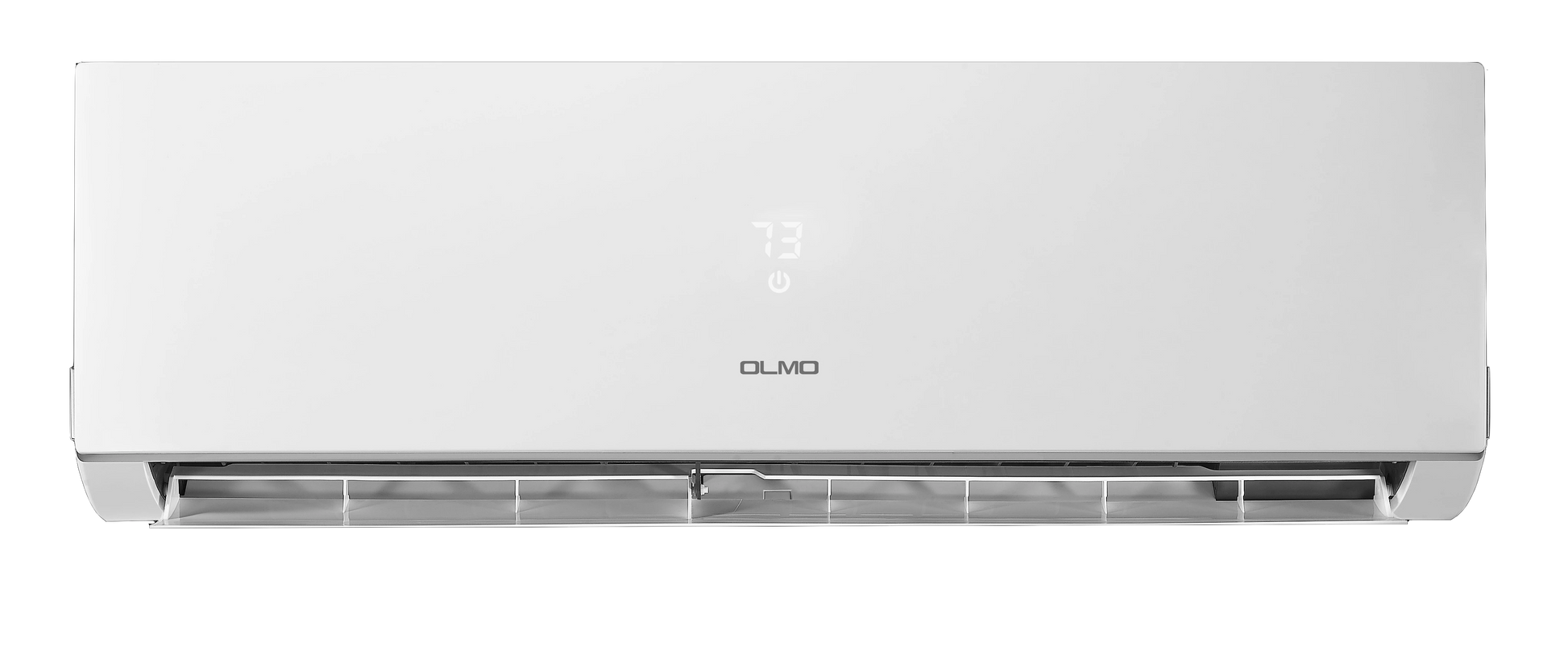 White air conditioner with 'OLMO' branding on a white background