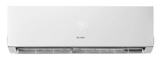 White air conditioner with 'OLMO' branding on a white background