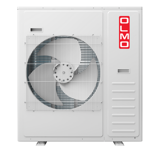 White air conditioning unit with a fan and OLMO branding on a white background