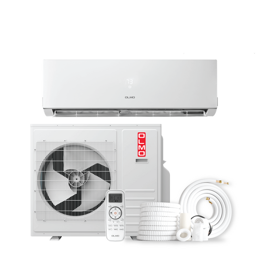 Air conditioning unit with fan, remote control, and cables on a white background