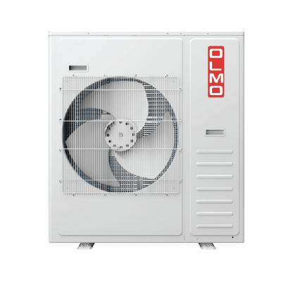 White air conditioning unit with a fan and 'OLMO' branding on a white background