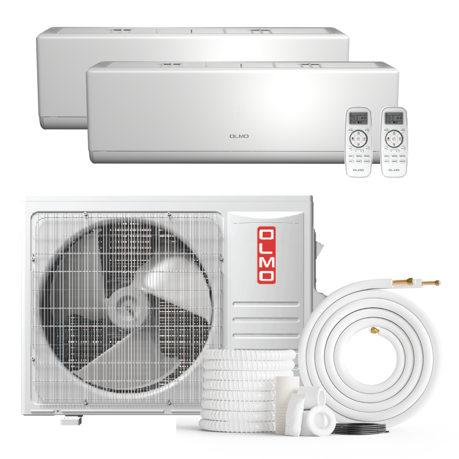 Air conditioning unit with external and internal components, OLMO branding visible.