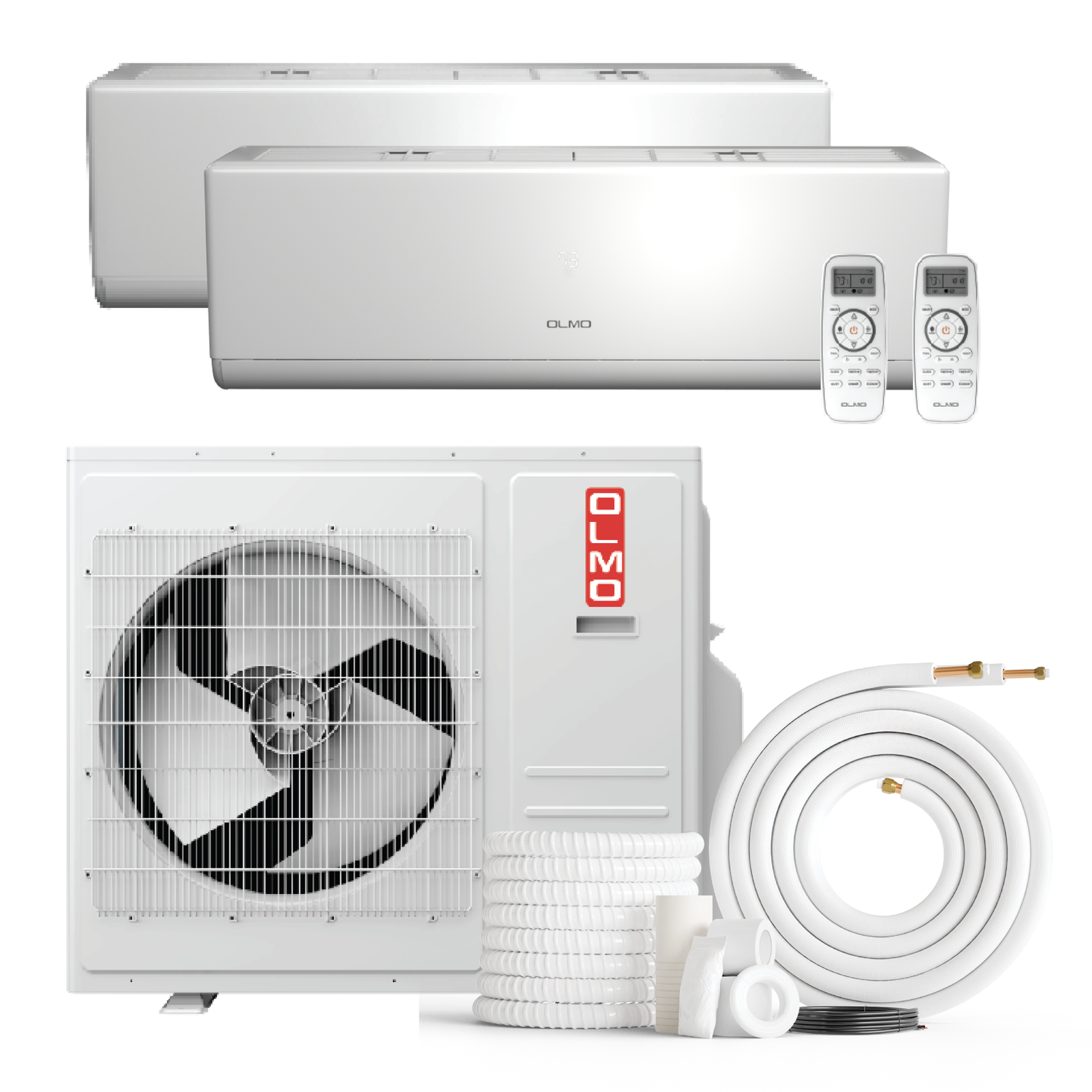 Air conditioning unit with fan, hose, and remote controls on a white background