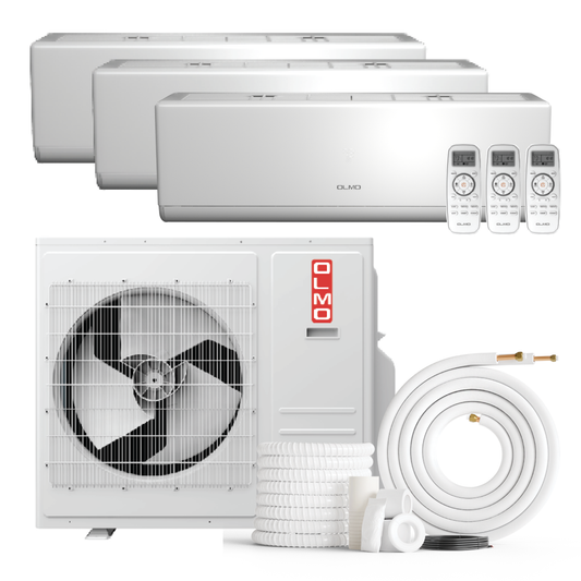 Air conditioning system with outdoor unit, indoor units, and accessories on a white background