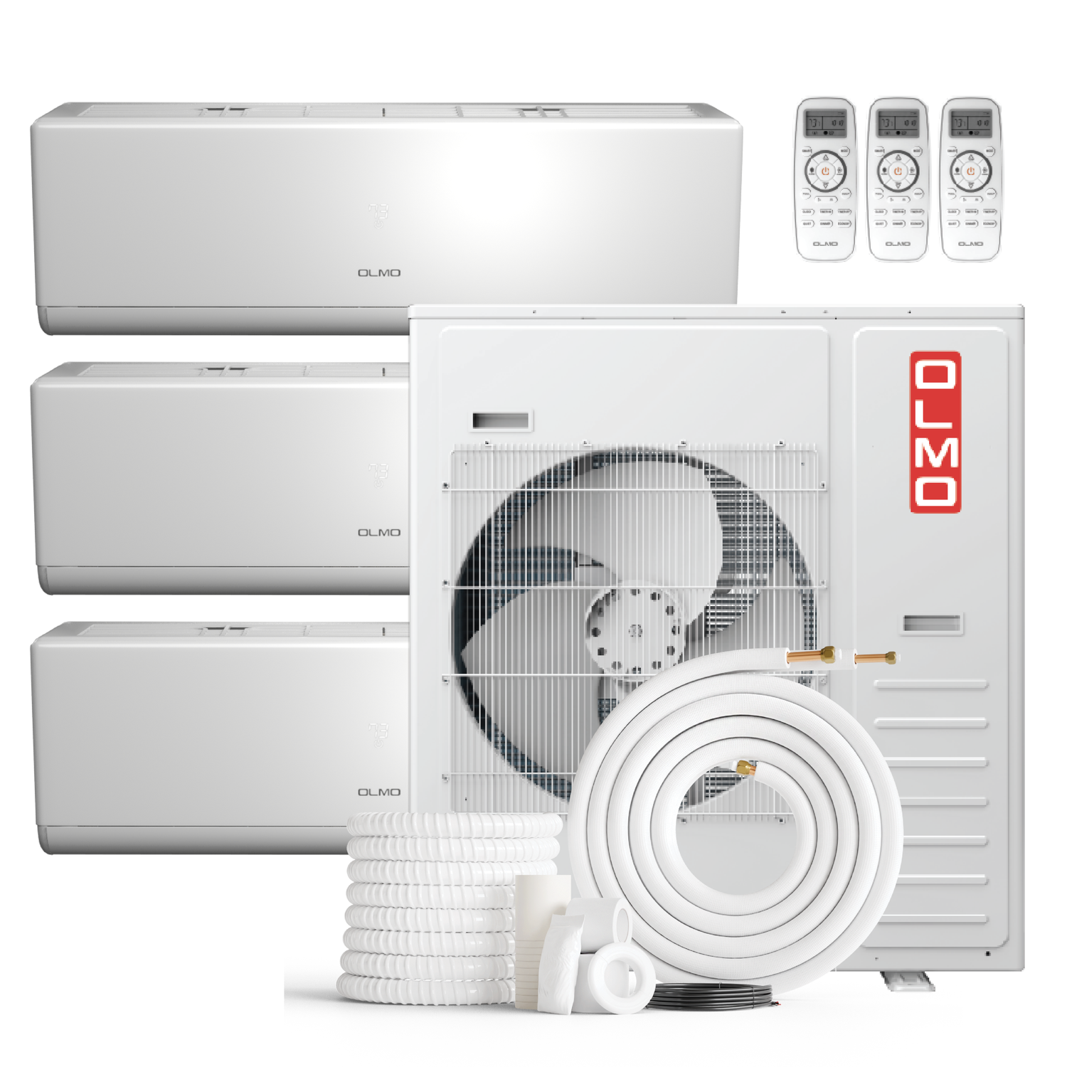 Air conditioning system with indoor and outdoor units on a white background