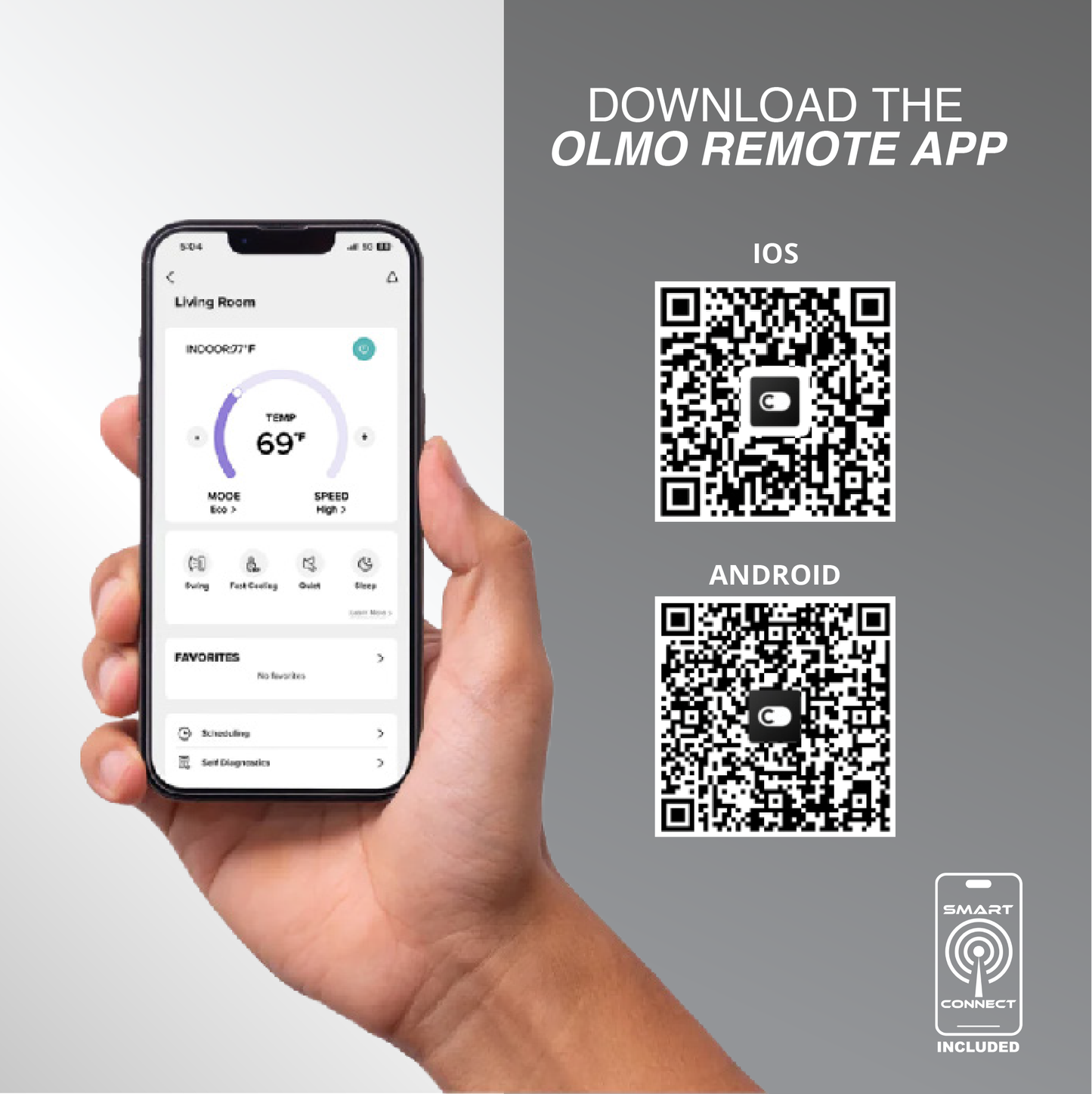 Hand holding a smartphone with an app interface, QR codes for iOS and Android, and text to download the Olmo Remote App.