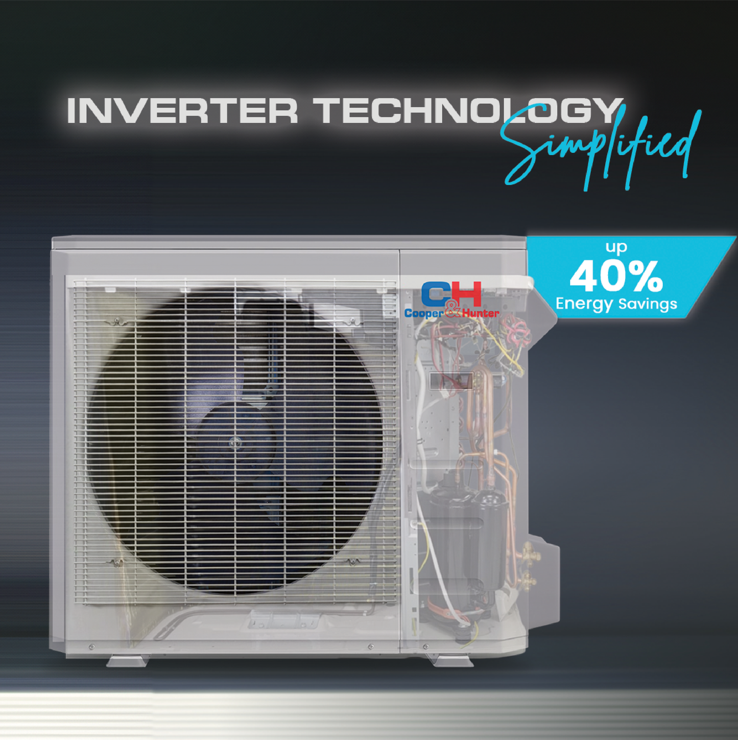 Air conditioning unit with 'Inverter Technology Simplified' and energy savings text on a dark background