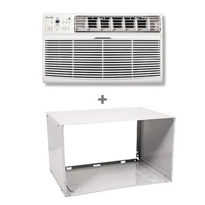 Window air conditioner with a white frame on a white background
