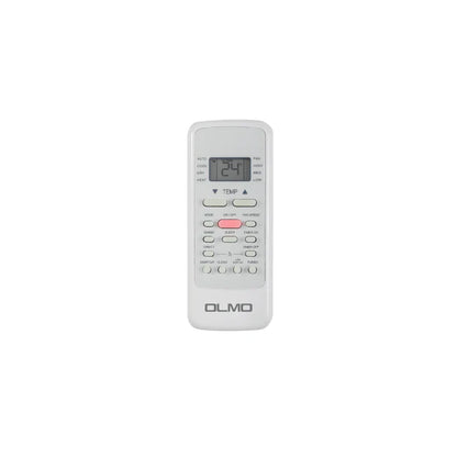 White air conditioner remote control with digital display on a white background