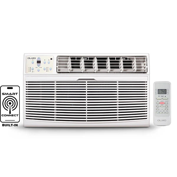 Window air conditioner with remote control on a white background