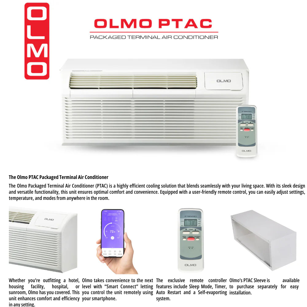 Smart PTAC Heating & Cooling AC Unit – 230V Through-Wall with Remote
